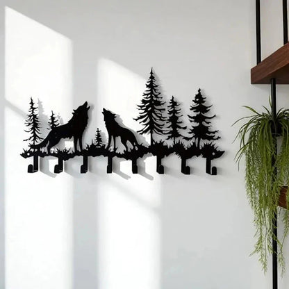 Rustic Mountain Key Holder: Metal Wolf & Forest Wall Organizer