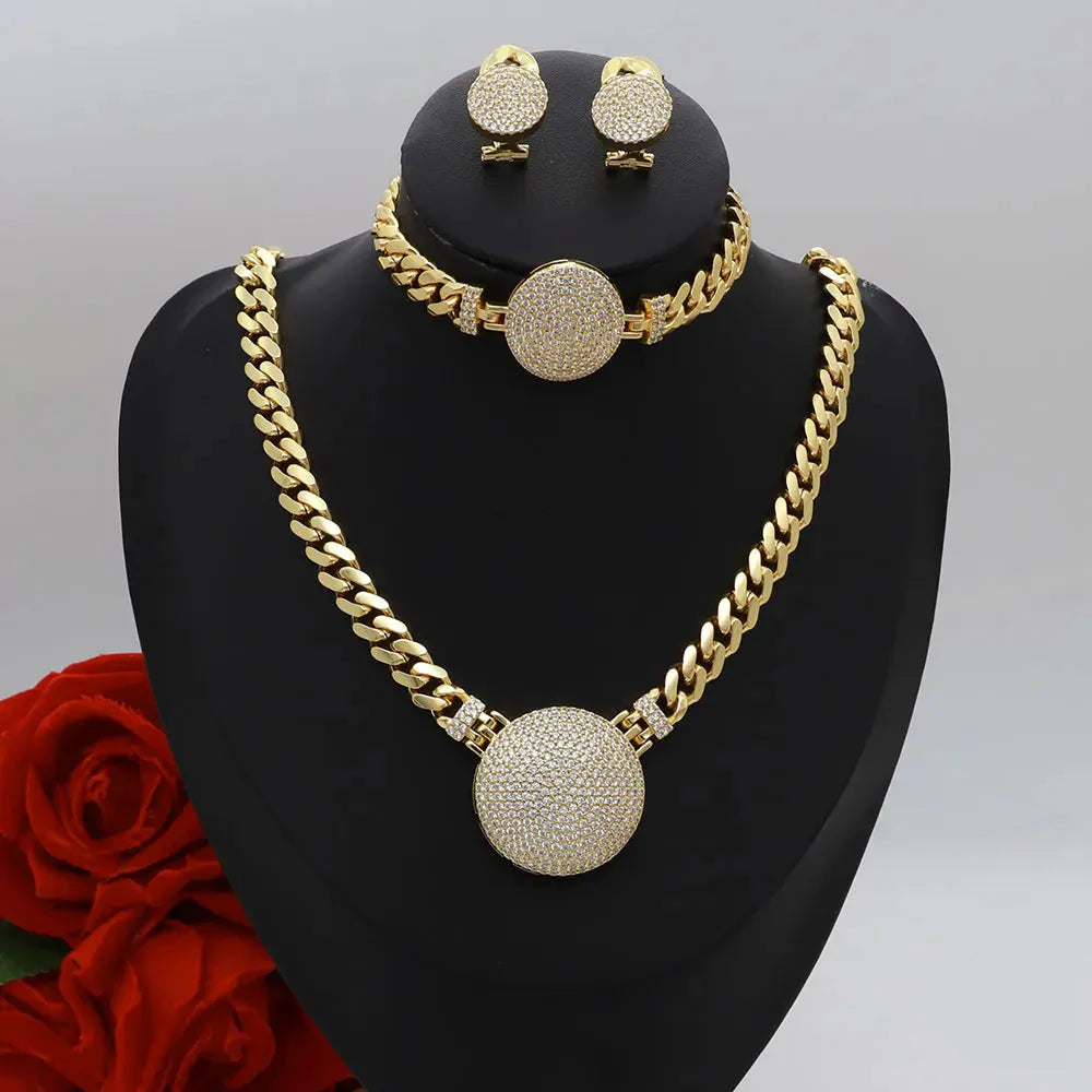 Dubai Vintage Jewelry Sets For Women Luxury Design Shiny Zircon Gold Plated Necklace Earring Bangle Wedding Party Accessories