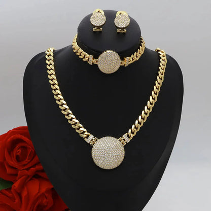 Dubai Vintage Jewelry Sets For Women Luxury Design Shiny Zircon Gold Plated Necklace Earring Bangle Wedding Party Accessories