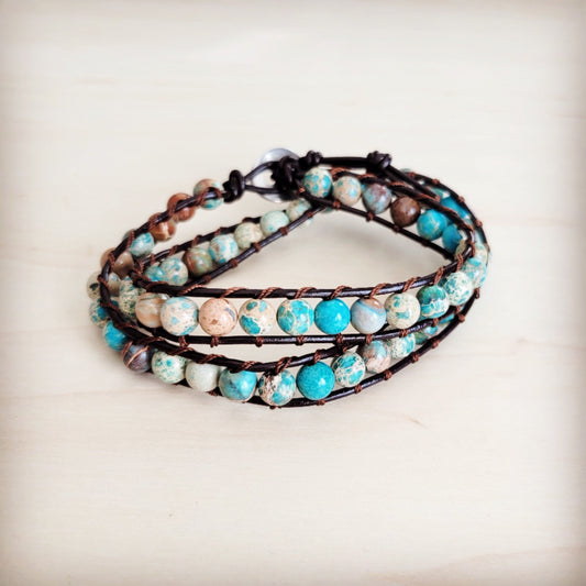 Genuine Jasper Beaded Leather Double Wrap Bracelet 811s