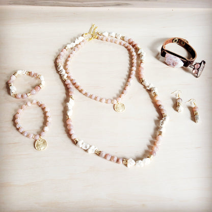 Frosted Sunstone & White Turquoise Long Layering Necklace 262o*