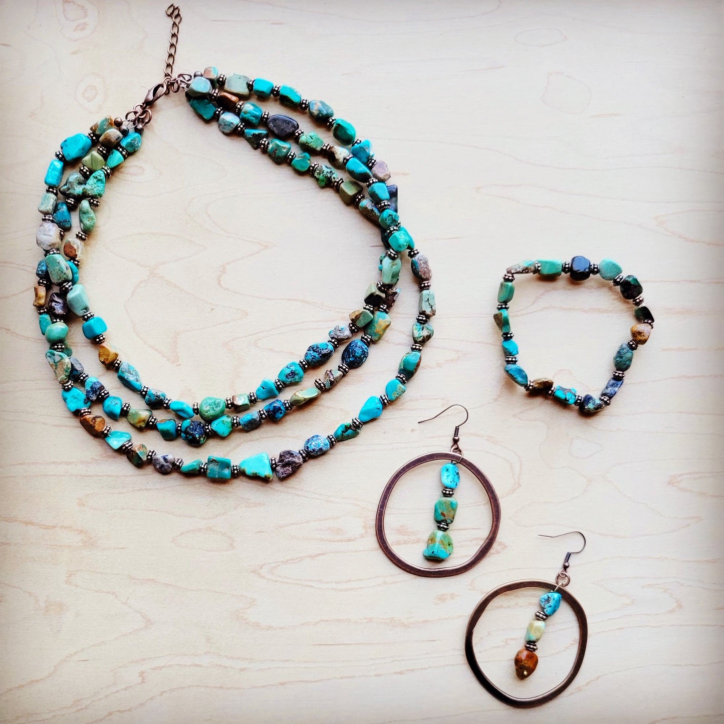 Genuine HuBei Turquoise & Copper Triple Strand Necklace 259t