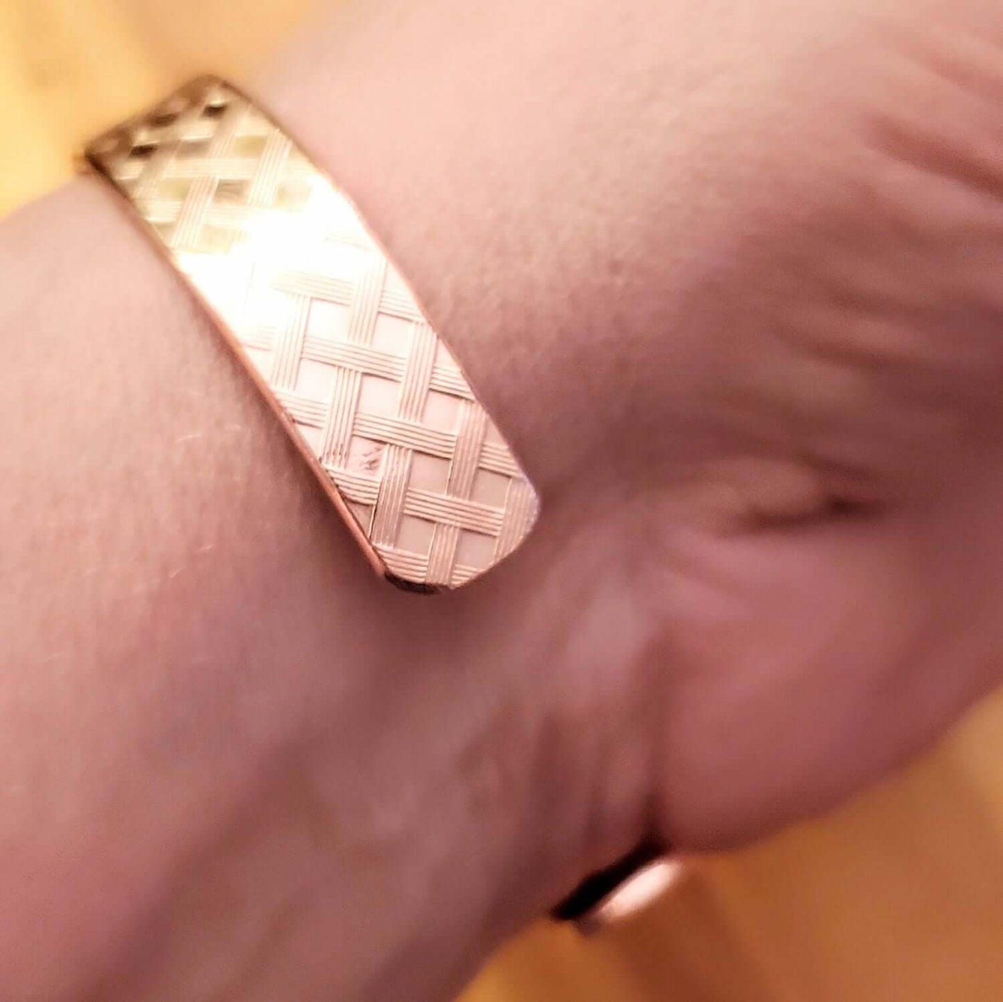 His and Her Copper Embossed Weave Cuffs 16 Gauge