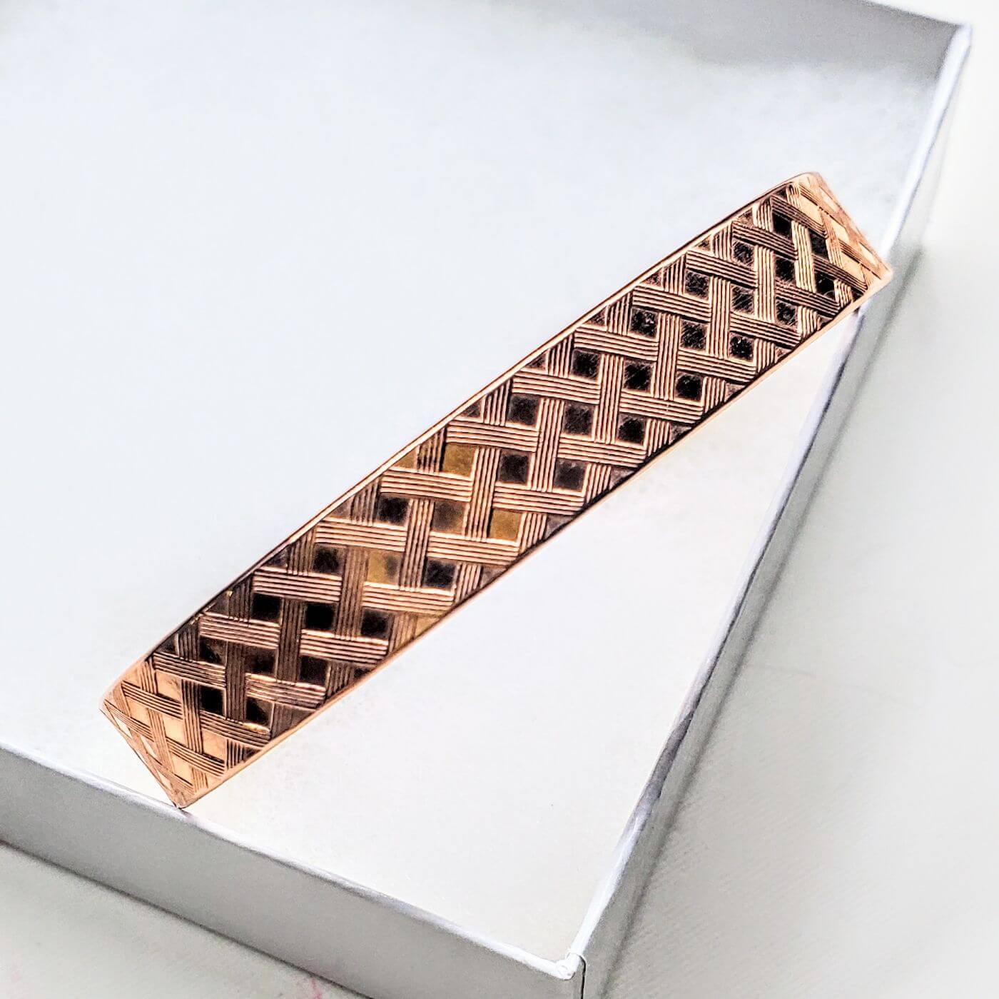 His and Her Copper Embossed Weave Cuffs 16 Gauge