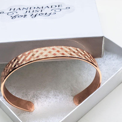His and Her Copper Embossed Weave Cuffs 16 Gauge