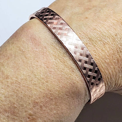 His and Her Copper Embossed Weave Cuffs 16 Gauge