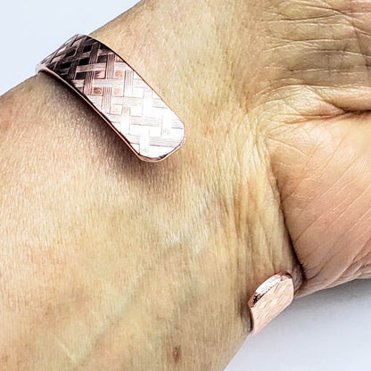His and Her Copper Embossed Weave Cuffs 16 Gauge