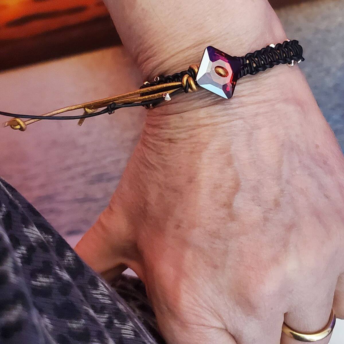 Macrame Black Gold Leather Crystal Glam Bracelet