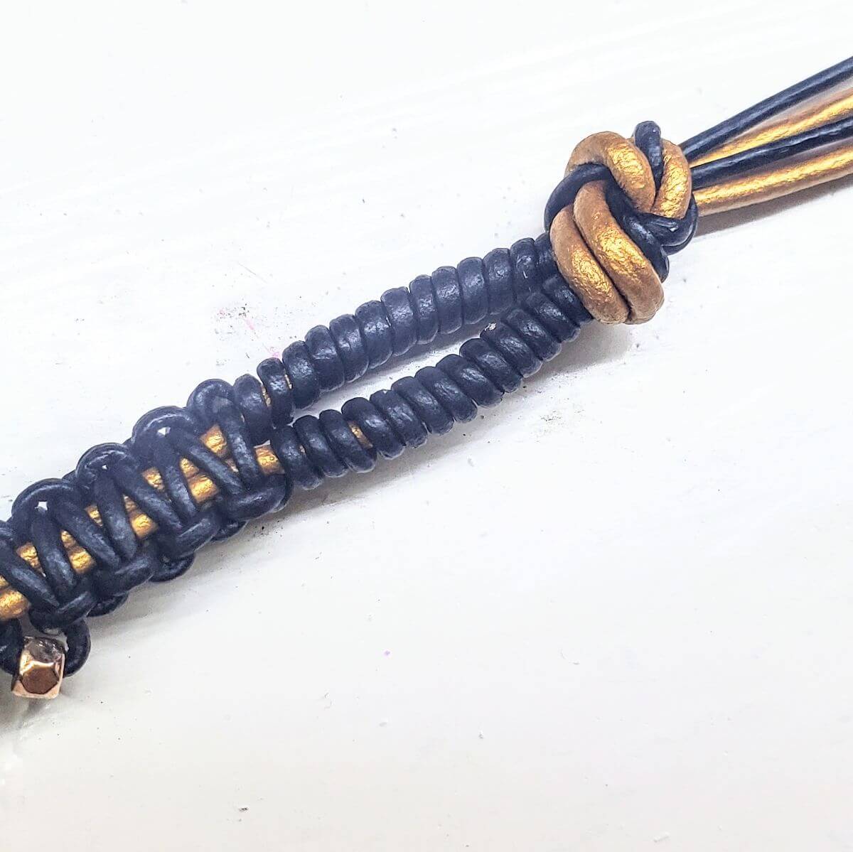 Macrame Black Gold Leather Crystal Glam Bracelet