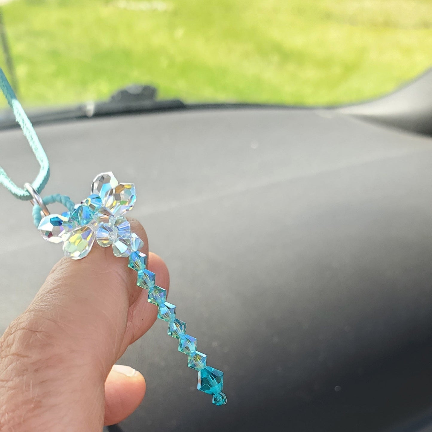 Beaded 3-D Rearview Mirror Colored Crystal Dragonfly Charms