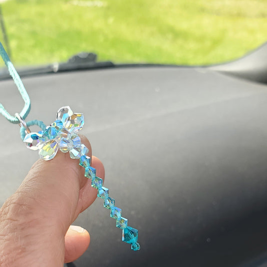 Beaded 3-D Rearview Mirror Colored Crystal Dragonfly Charms