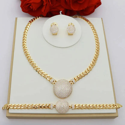Dubai Vintage Jewelry Sets For Women Luxury Design Shiny Zircon Gold Plated Necklace Earring Bangle Wedding Party Accessories