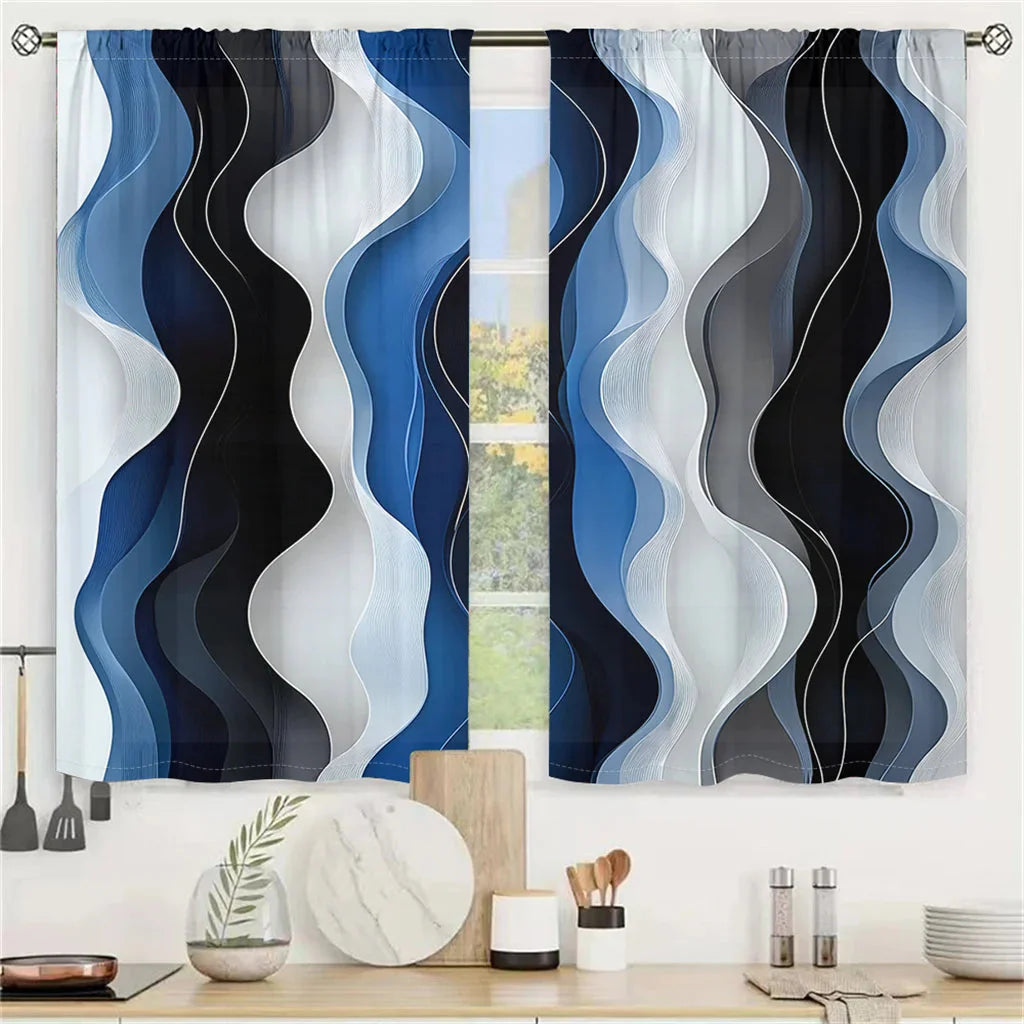 2Pcs Modern Wave Curtains 3D Blue White Black Curve Pattern Living Room Bedroom Balcony Sunshade Abstract Art Decor Curtains