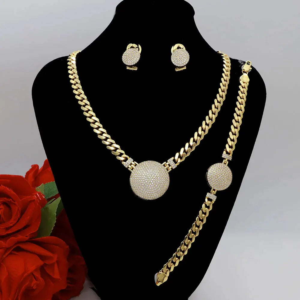 Dubai Vintage Jewelry Sets For Women Luxury Design Shiny Zircon Gold Plated Necklace Earring Bangle Wedding Party Accessories