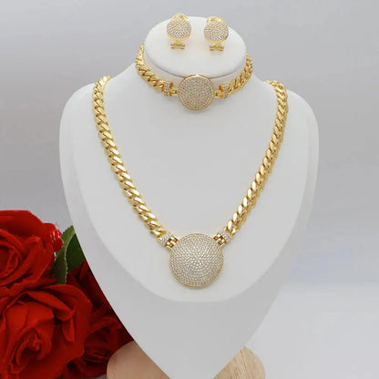 Dubai Vintage Jewelry Sets For Women Luxury Design Shiny Zircon Gold Plated Necklace Earring Bangle Wedding Party Accessories