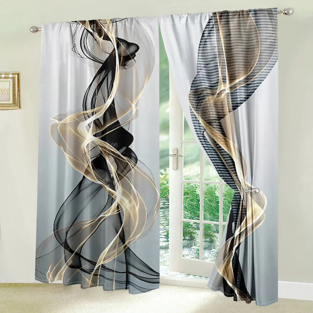 2 Pcs Abstract Art Curtains Black Gold Streamline Pattern Living Room Bedroom Window Decorative Curtains Modern Minimalist Style