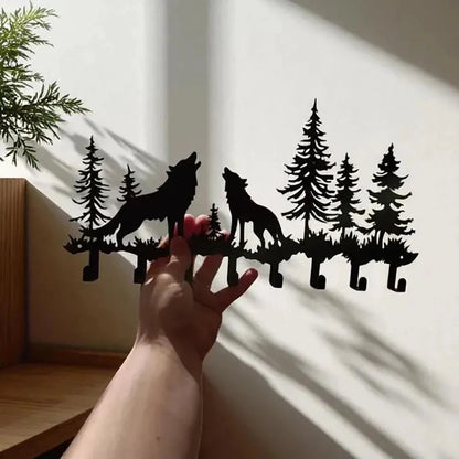 Rustic Mountain Key Holder: Metal Wolf & Forest Wall Organizer