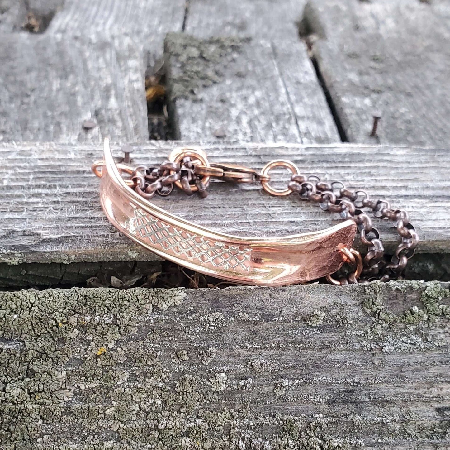 Adjustable Handmade Sculpted Copper Channel Silver Mesh Cuff Bracelet