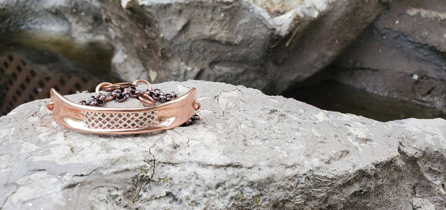 Adjustable Handmade Sculpted Copper Channel Silver Mesh Cuff Bracelet
