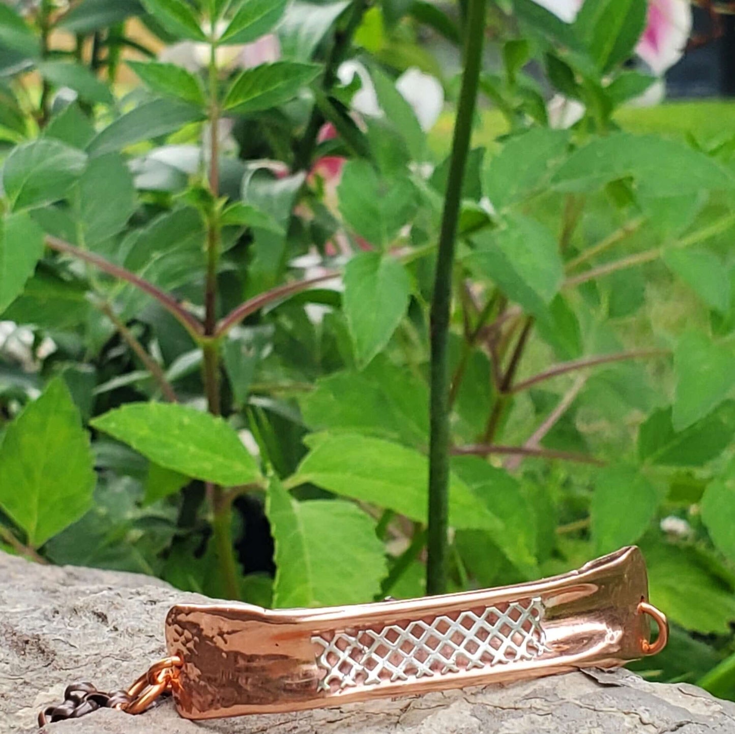 Adjustable Handmade Sculpted Copper Channel Silver Mesh Cuff Bracelet