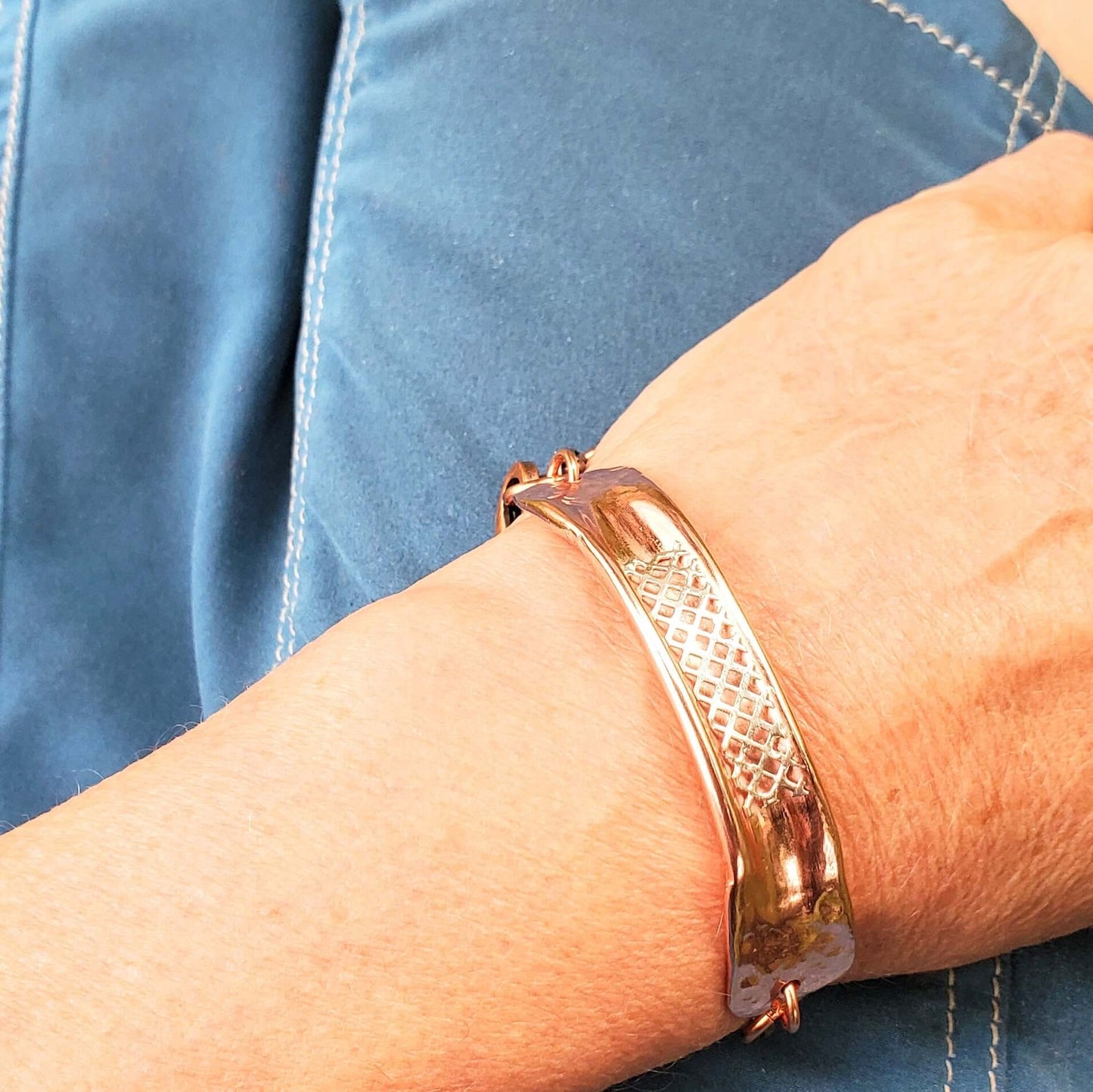 Adjustable Handmade Sculpted Copper Channel Silver Mesh Cuff Bracelet