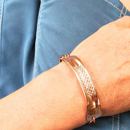 Adjustable Handmade Sculpted Copper Channel Silver Mesh Cuff Bracelet