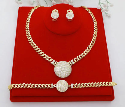 Dubai Vintage Jewelry Sets For Women Luxury Design Shiny Zircon Gold Plated Necklace Earring Bangle Wedding Party Accessories