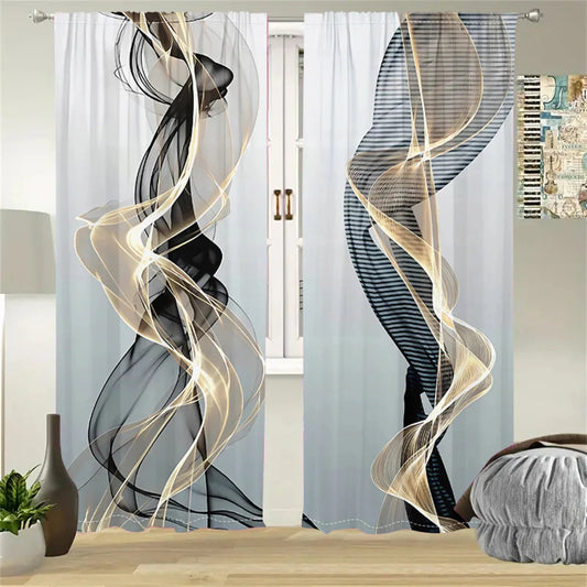 2 Pcs Abstract Art Curtains Black Gold Streamline Pattern Living Room Bedroom Window Decorative Curtains Modern Minimalist Style