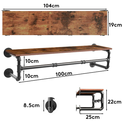 Industrial Pipe Clothes Rack with Top Shelf, 39 In Space-Saving 2 Tiers Heavy Duty Pipe Wall Mounted Clothing Shelves