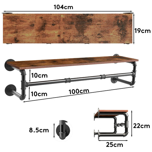 Industrial Pipe Clothes Rack with Top Shelf, 39 In Space-Saving 2 Tiers Heavy Duty Pipe Wall Mounted Clothing Shelves