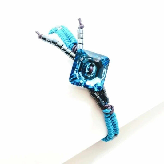 Braided Aqua Hematite Swarovski Crystal Button Bracelet