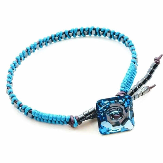 Braided Aqua Hematite Swarovski Crystal Button Bracelet
