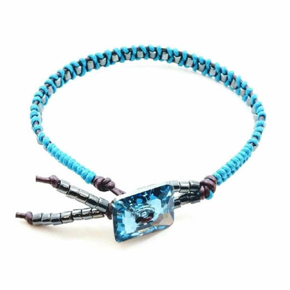 Braided Aqua Hematite Swarovski Crystal Button Bracelet