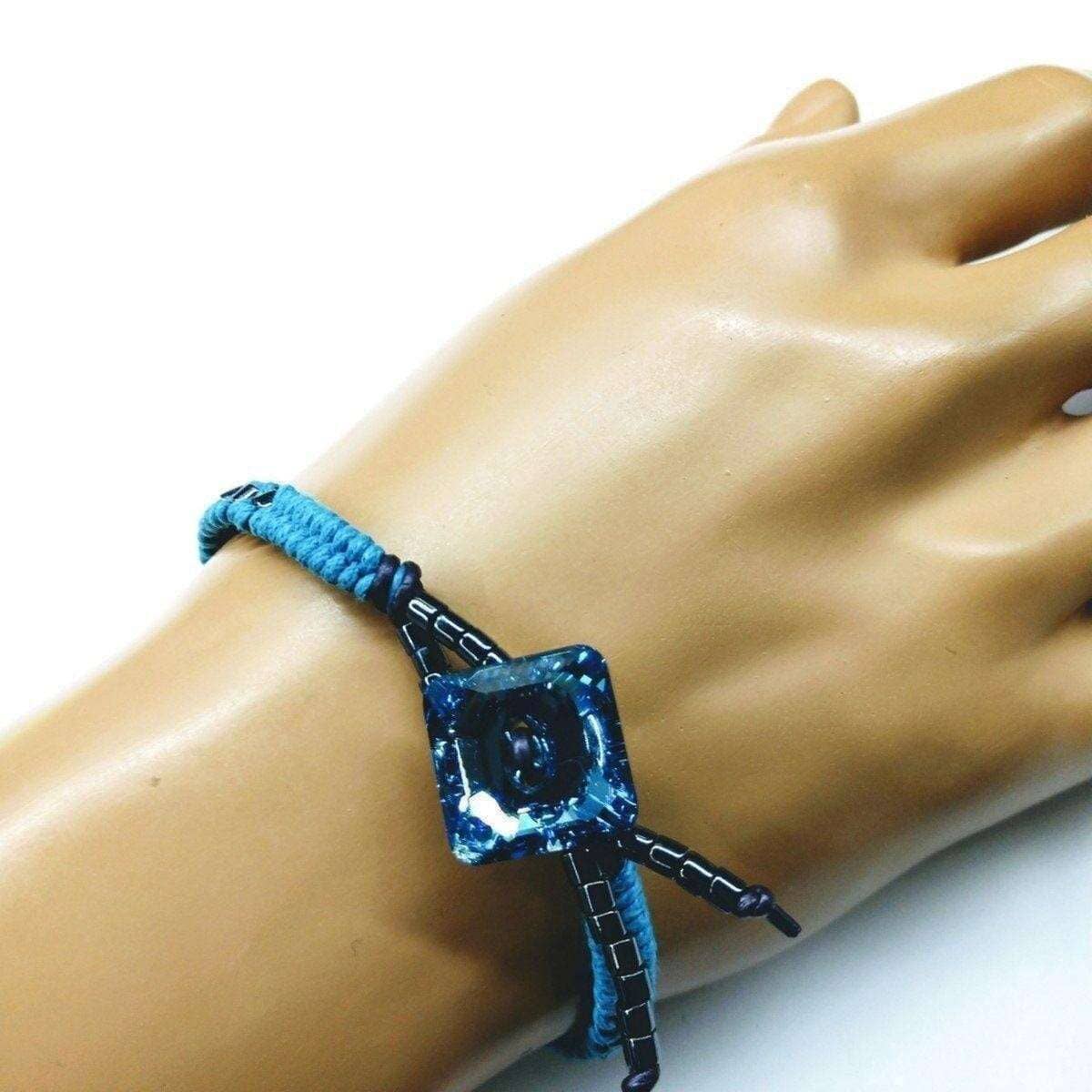 Braided Aqua Hematite Swarovski Crystal Button Bracelet