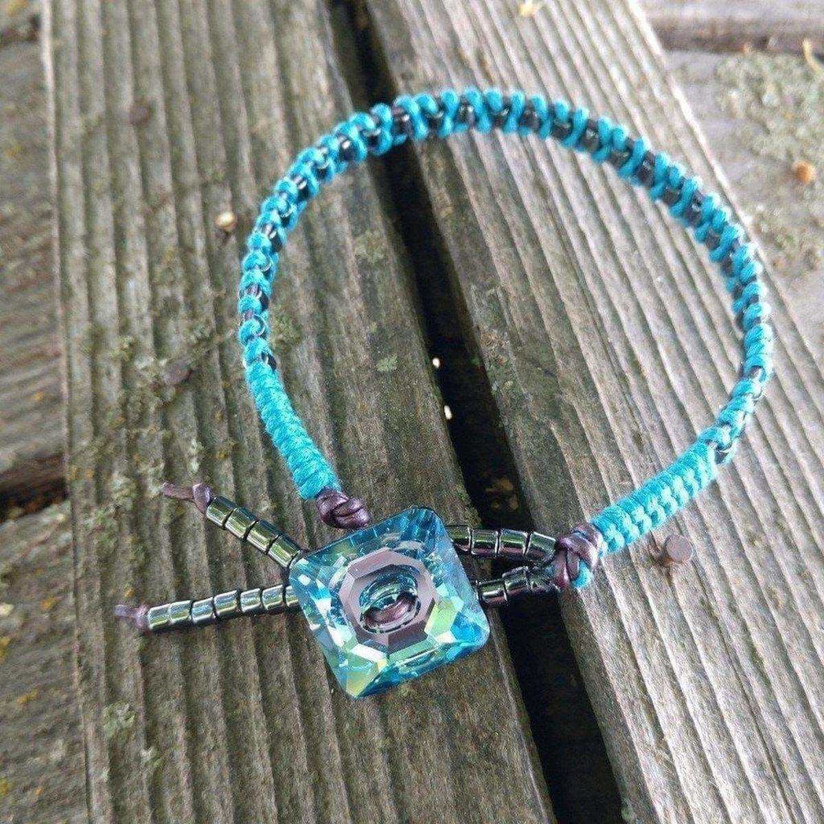 Braided Aqua Hematite Swarovski Crystal Button Bracelet