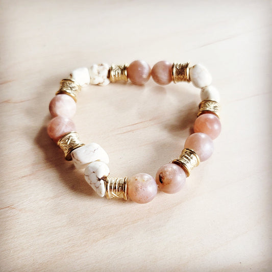 Frosted Sunstone & White Turquoie Beaded Stretch Bracelet 811o