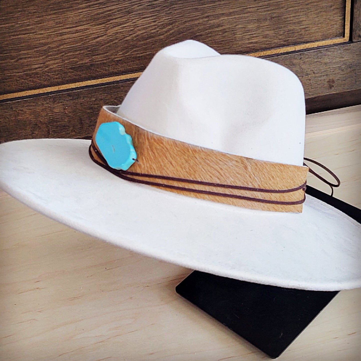 Wide Leather Hair Hide Tan Hat Band w/ Turq 954a