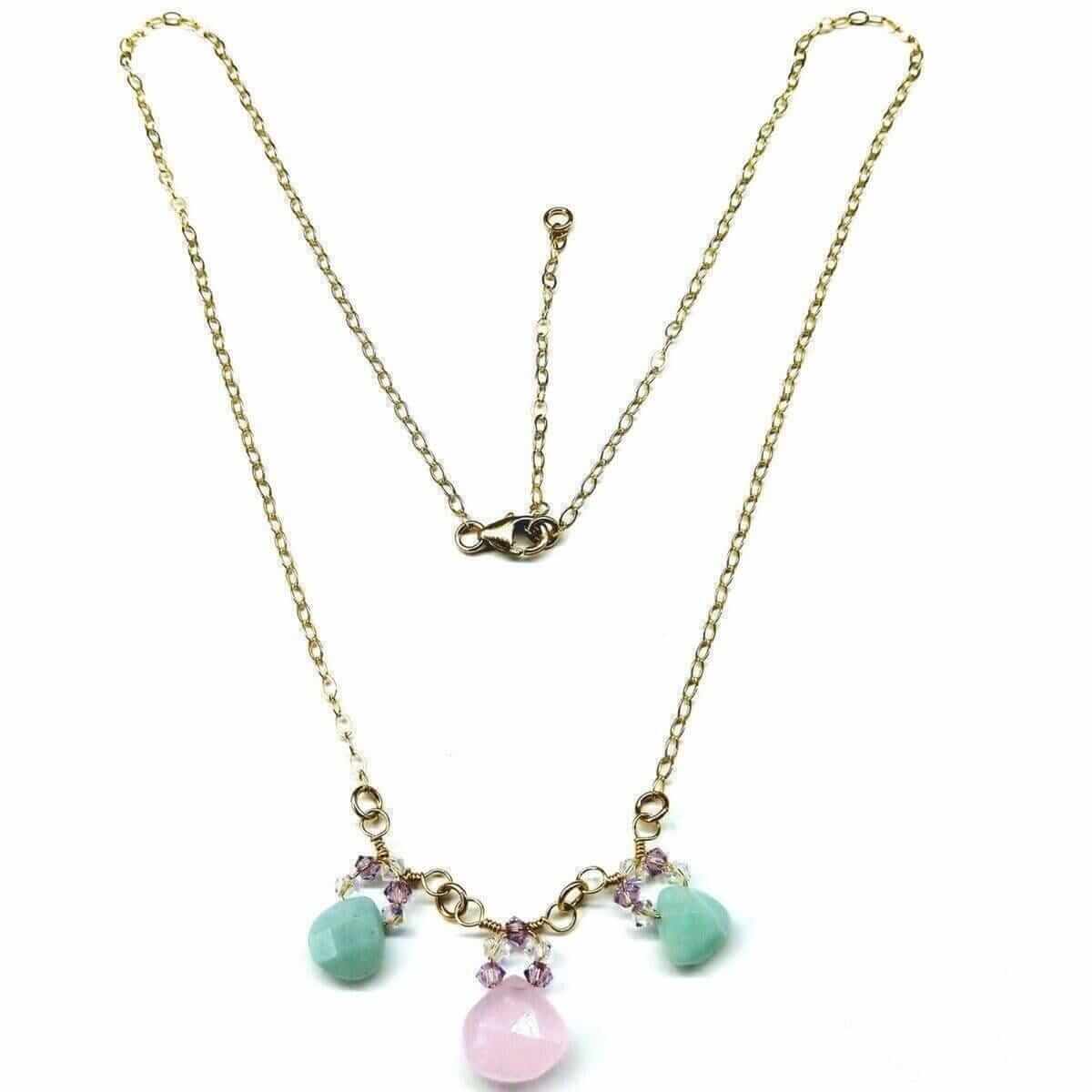 Gold Filled Light Pink and Mint Chalcedony Chain Necklace