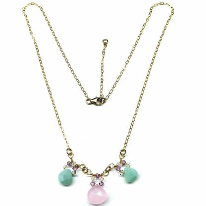Gold Filled Light Pink and Mint Chalcedony Chain Necklace