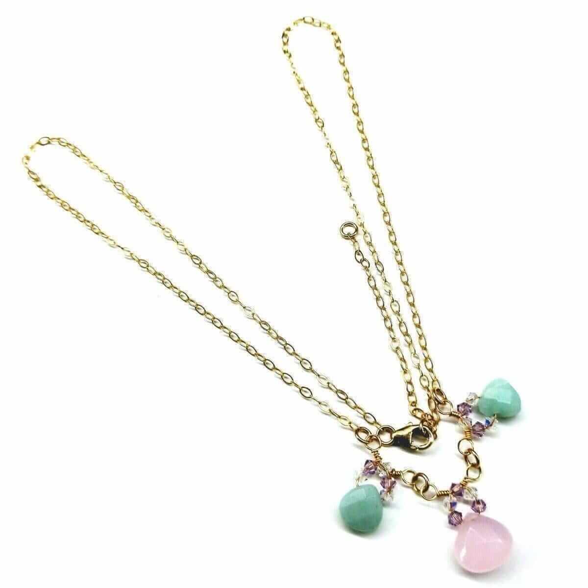 Gold Filled Light Pink and Mint Chalcedony Chain Necklace