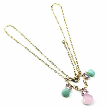 Gold Filled Light Pink and Mint Chalcedony Chain Necklace