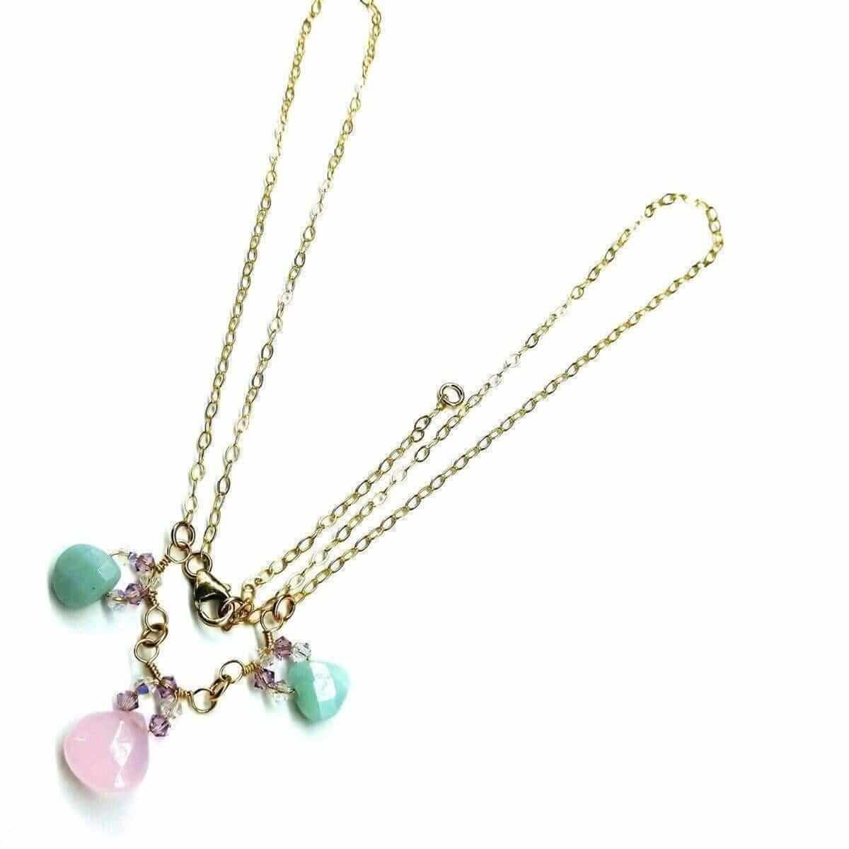 Gold Filled Light Pink and Mint Chalcedony Chain Necklace