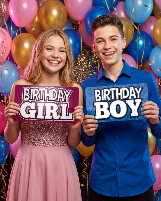Birthday Photo Booth Props - 6 Double-Sided PVC Signs