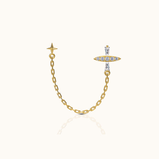 Celestial Star and Trapezoid CZ Cross Double Stud Chain Dangle Earring