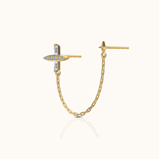 Celestial Star and Trapezoid CZ Cross Double Stud Chain Dangle Earring
