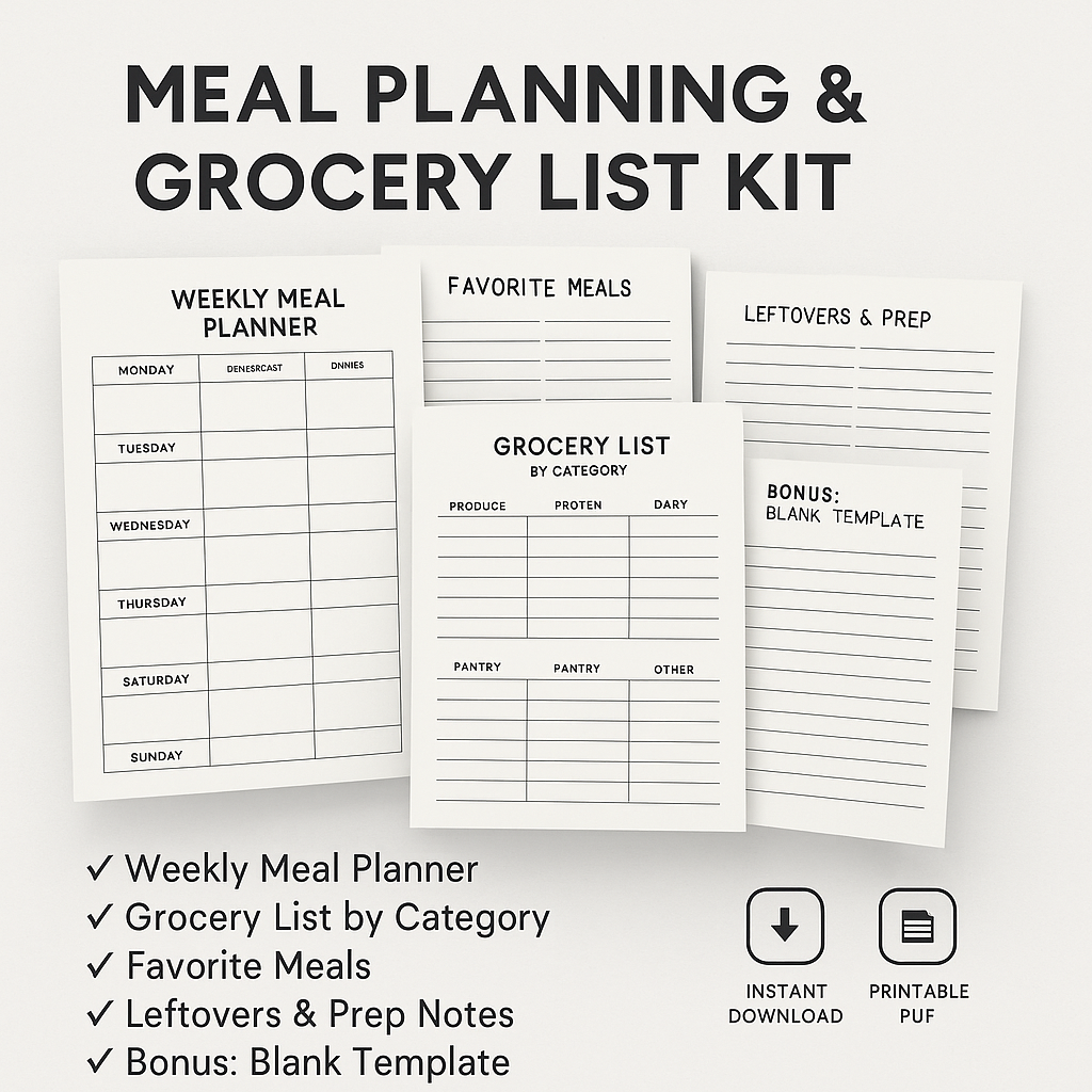 Meal Planning & Grocery List Kit – Printable PDF