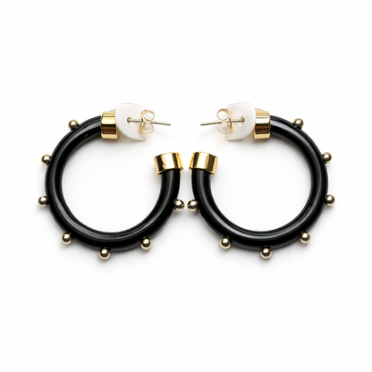 Black with Gold Balls Hoop Earrings