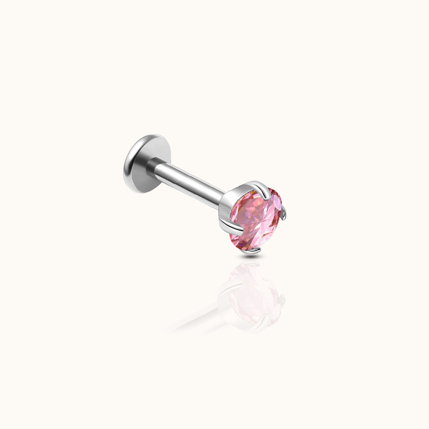 Classic Pink CZ 3mm Threadless Labret Titanium Flat Back Earring