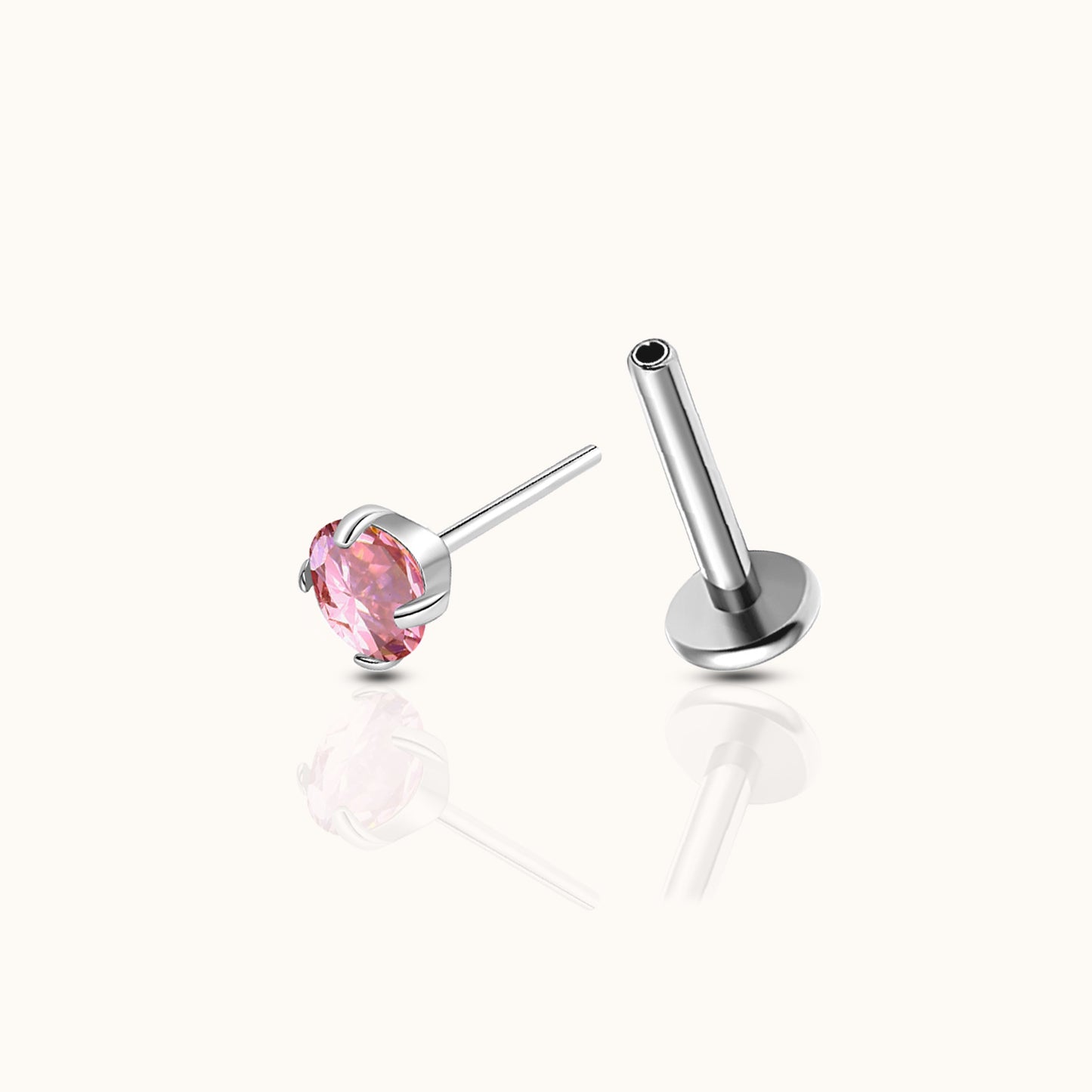 Classic Pink CZ 3mm Threadless Labret Titanium Flat Back Earring
