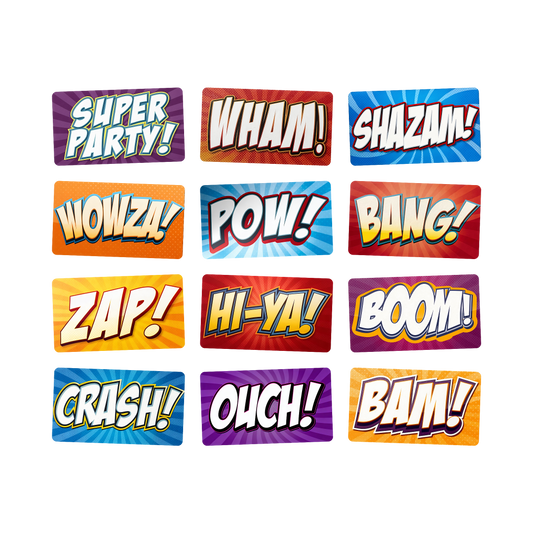 Comic Book Photo Booth Props - 6 Double-Sided Party Signs
